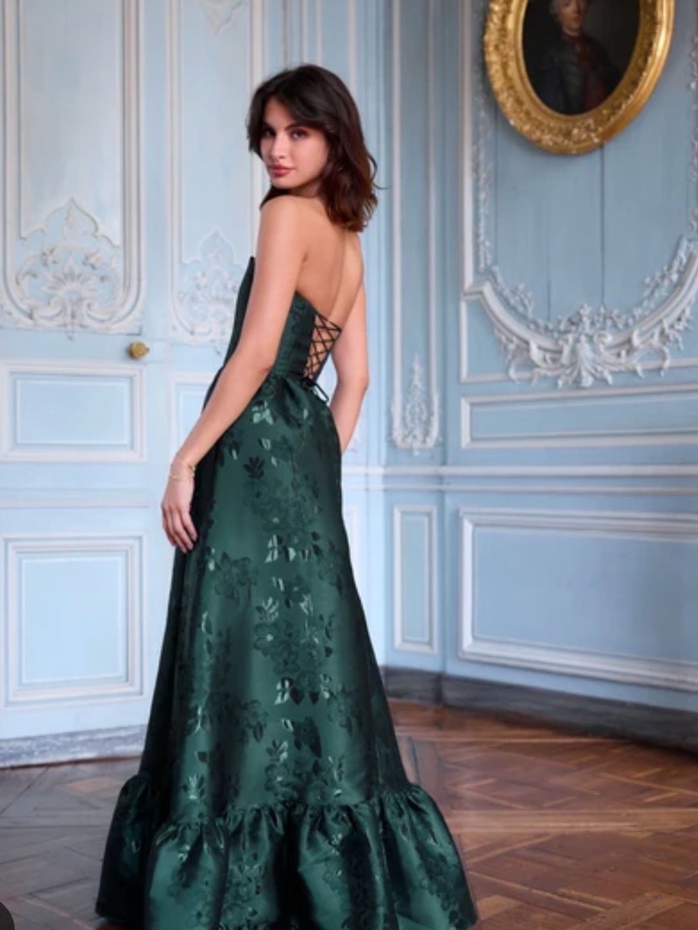 V. Chapman Charlotte Dress Strapless Dark Green Jacquard Gown with High Slit - Picture 2 of 7
